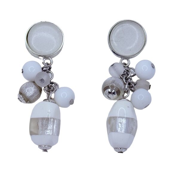 White Art Glass Beaded Cluster Dangle Drop Earrings 2" Silver Tone Trendy - Picture 4 of 10